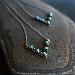 Turquoise Silver Chevron V-Pendant Necklace - Women Jewelry